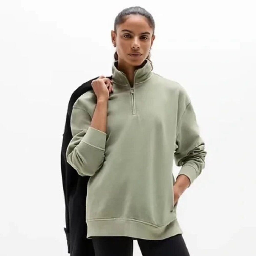 New Athleta M Forever Fleece 1/4 Zip Sweatshirt Eucalyptus Green Medium Regular